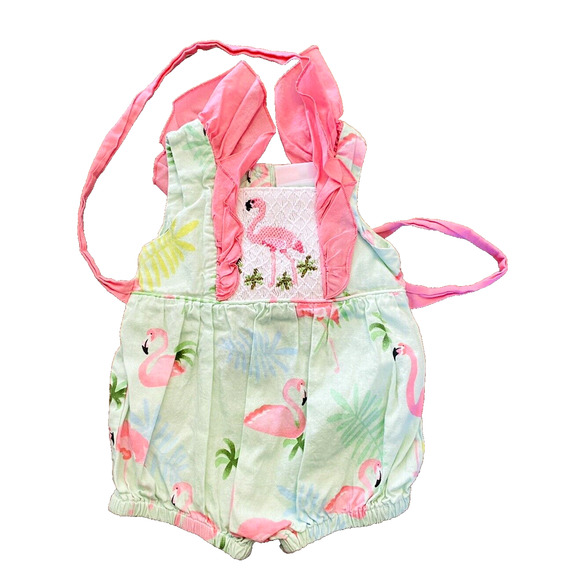Smocked Sweets Baby Girl 3 mo Summer Sunsuit Romper Flamingos & Ruffles - Picture 1 of 9